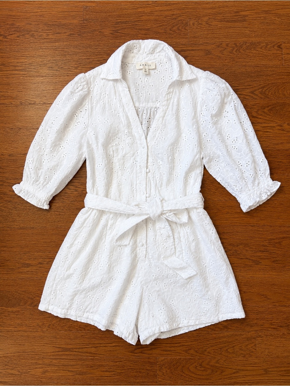 White Eyelet Button-Up Romper with Self Tie
